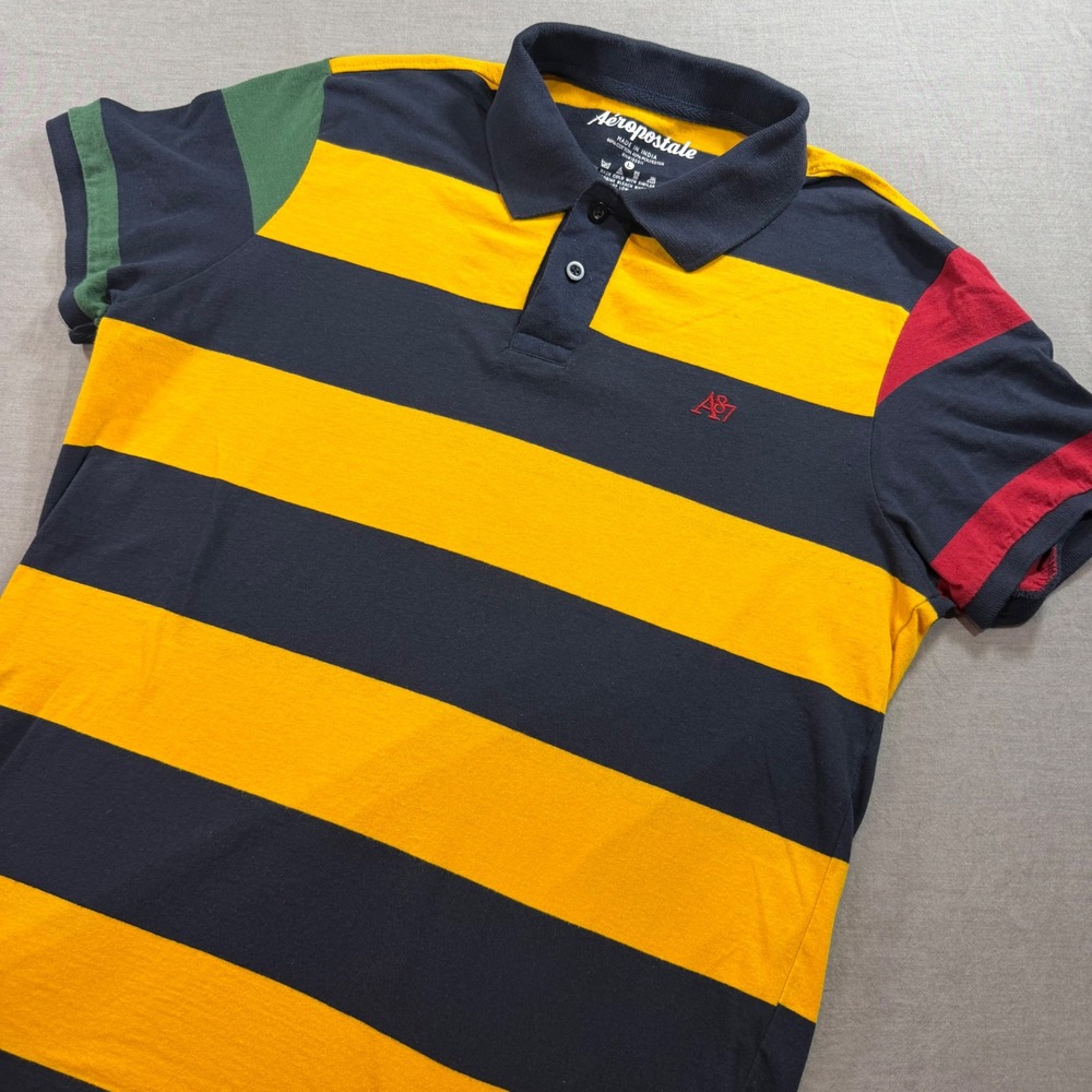Aeropostale Polo Shirt Mens Large Yellow Navy Blue Excellent Striped Colorblock